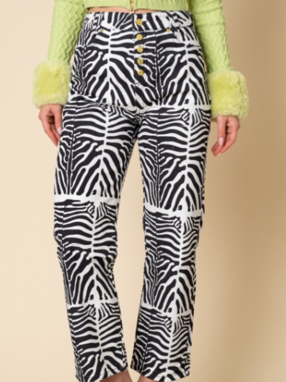 House of Sunny Wave Cut Zebra Print High Rise Straight Leg Jeans US 6